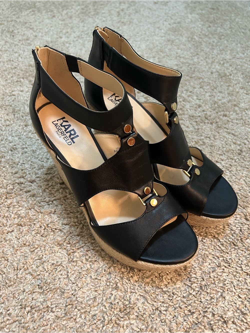 Karl Lagerfeld Black Leather Espadrille Wedge Sandals with Gold Studs